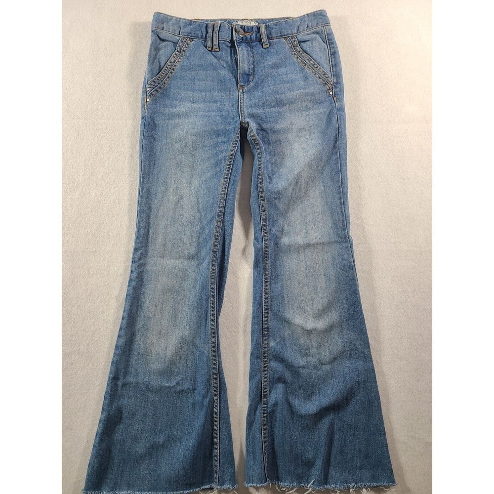 Free People Flare Leg Denim Jeans Women's 27 Blue Raw Hem Fading Pockets Boho
